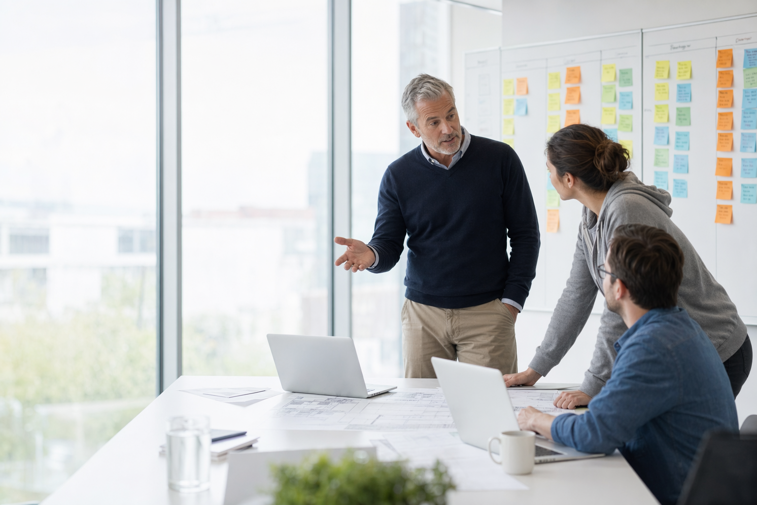 Experienced consultant leading a project planning session with a team at a whiteboard